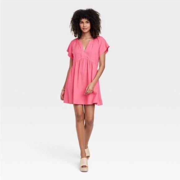 Universal Thread Women's Short Sleeve Linen Mini Shift Dress Pink NWT Size Large - Picture 1 of 12